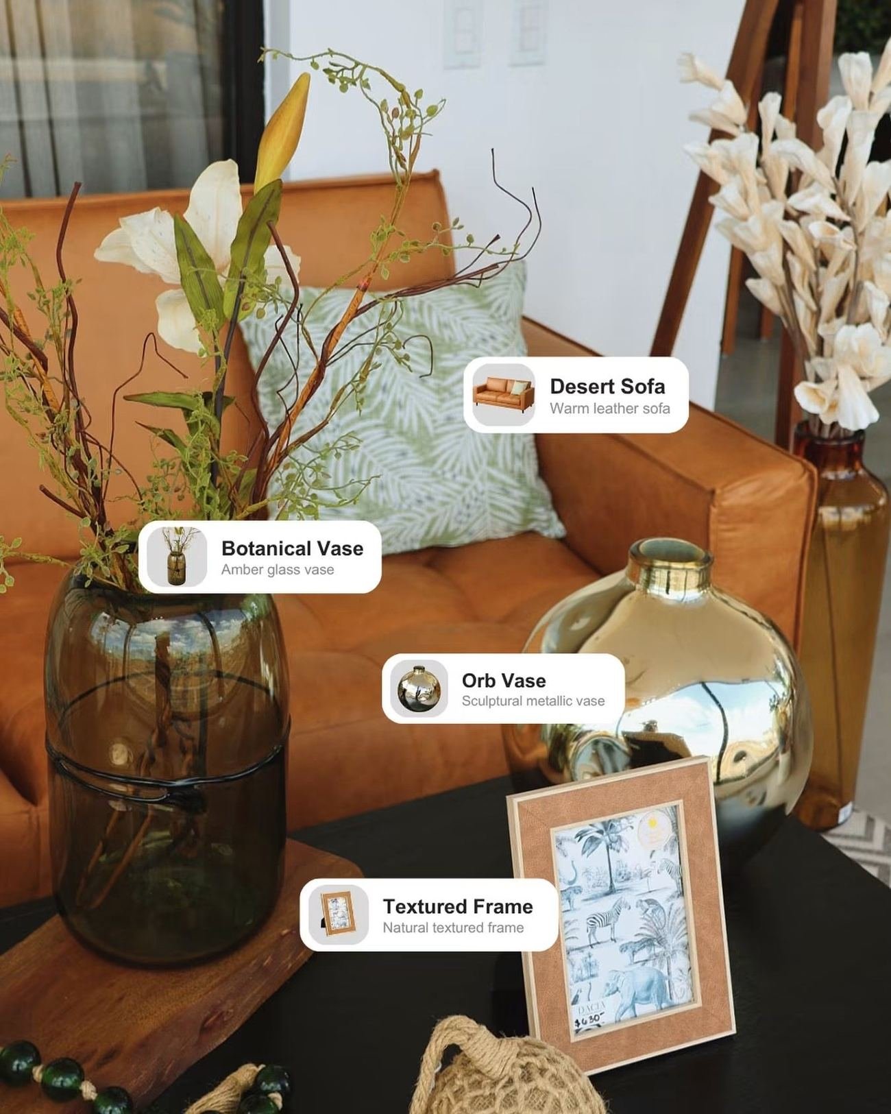 Piezas de decoración: jarrones, marcos y accesorios